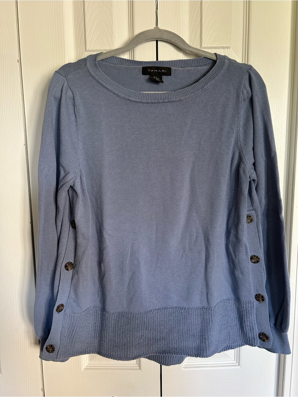 Tahari Soft Periwinkle Crewneck Sweater with Side Buttons